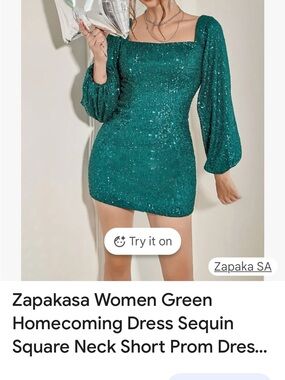 Zapakasa Green Sequin Square-Neck Long-Sleeve Mini Dress brand new
